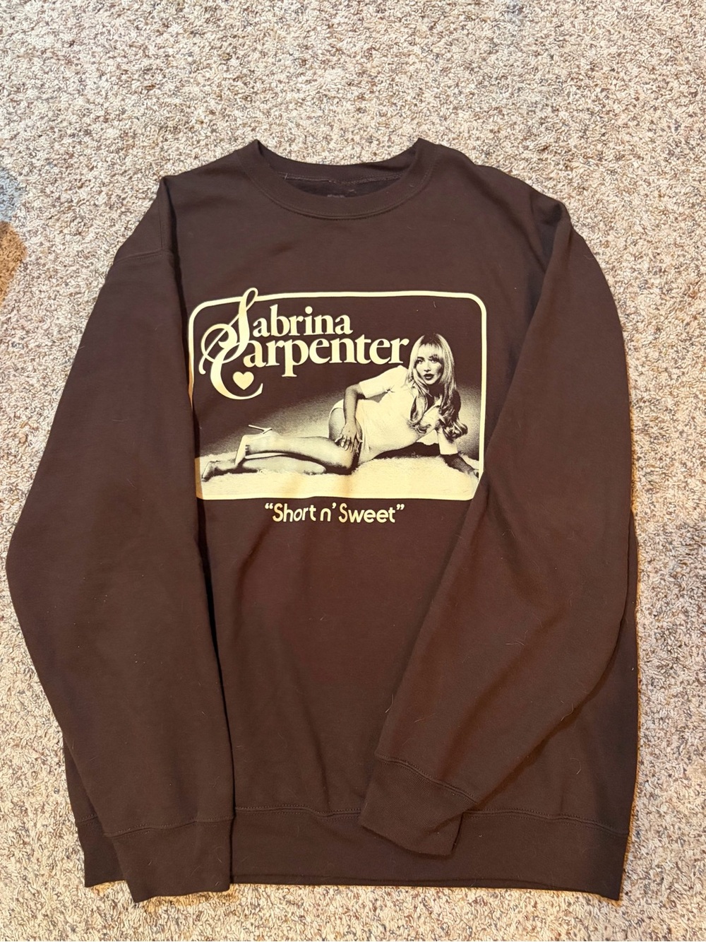 Brown Graphic Crewneck Sweatshirt with Cream Vintage Print- Sabrina Carpenter